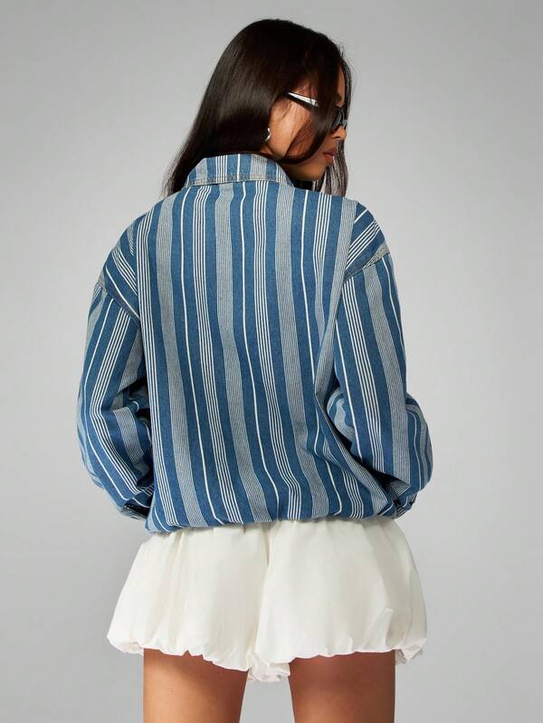 Missguided MISSGUIDED Striped Denim Bomber Jacket With Half Zip Closure