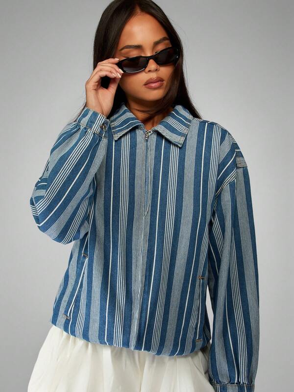 Missguided MISSGUIDED Striped Denim Bomber Jacket With Half Zip Closure