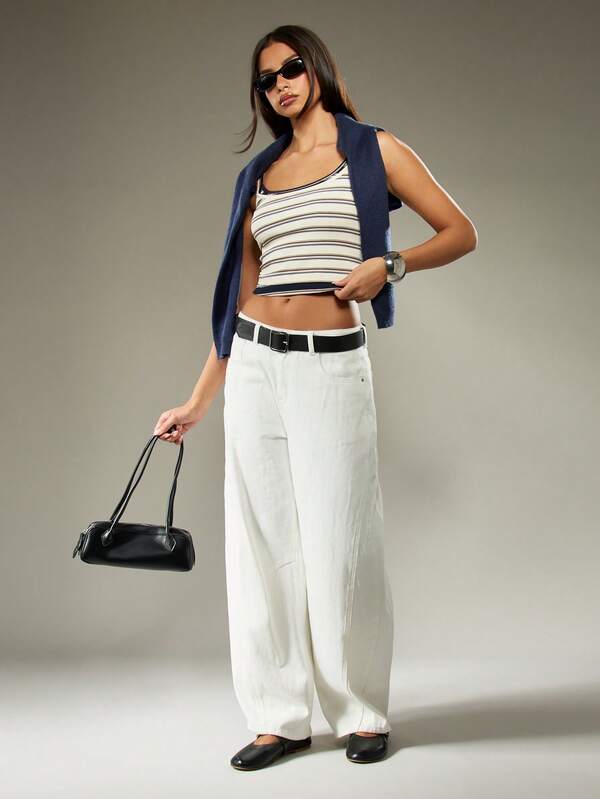 Missguided MISSGUIDED Striped Double Layer Crop Tank Top With Navy Trim