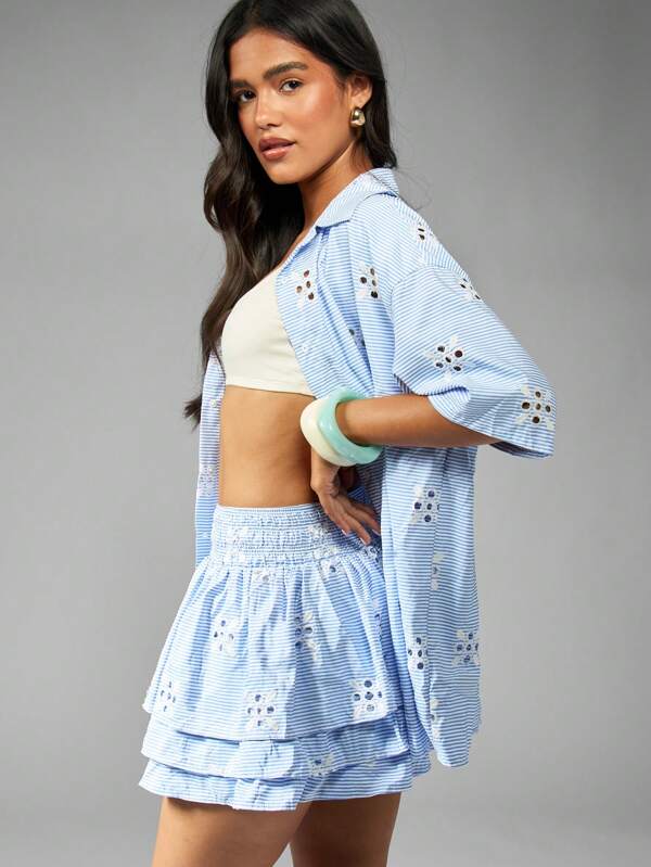 Missguided MISSGUIDED Striped Eyelet Two Piece Set With Ruffle Mini Skirt