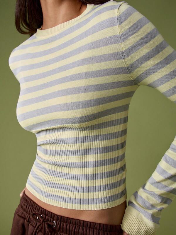 missguided MISSGUIDED Striped Fitted Waist Knit Long Sleeve Top