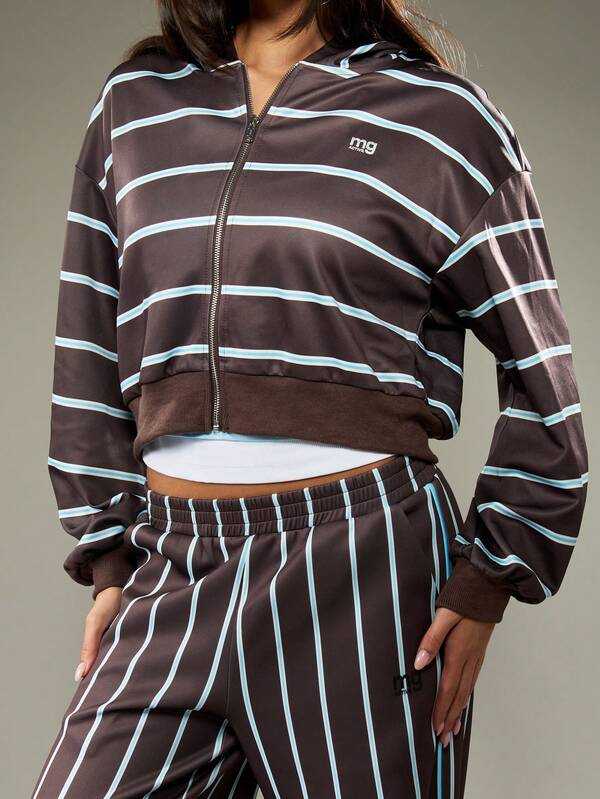 missguided MISSGUIDED Striped Full Zip Cropped Hoodie With Drawstring
