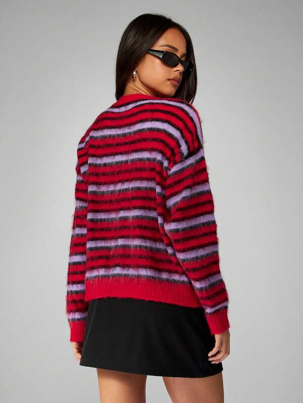 Missguided MISSGUIDED Striped Fuzzy Knit Button Up V Neck Cardigan