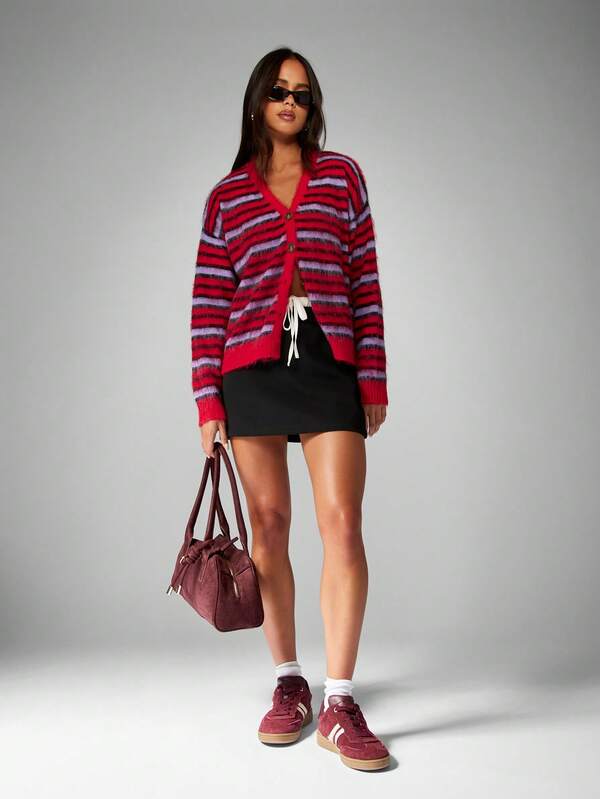 Missguided MISSGUIDED Striped Fuzzy Knit Button Up V Neck Cardigan