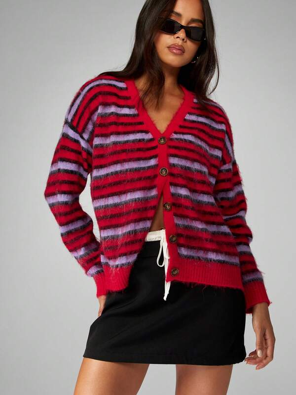 Missguided MISSGUIDED Striped Fuzzy Knit Button Up V Neck Cardigan
