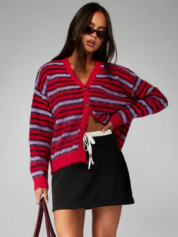missguided MISSGUIDED Striped Fuzzy Knit Button Up V Neck Cardigan
