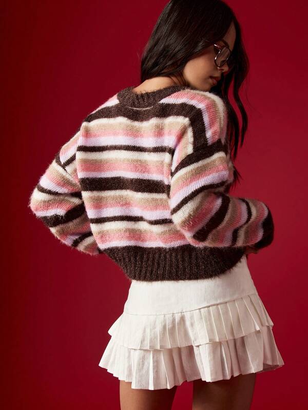 Missguided MISSGUIDED Striped Fuzzy Knit Sweater With Mock Neck And Long Sleeves