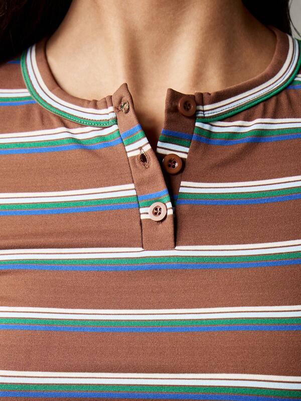 Missguided MISSGUIDED Striped Half Button Through T-Shirt With Fitted Design