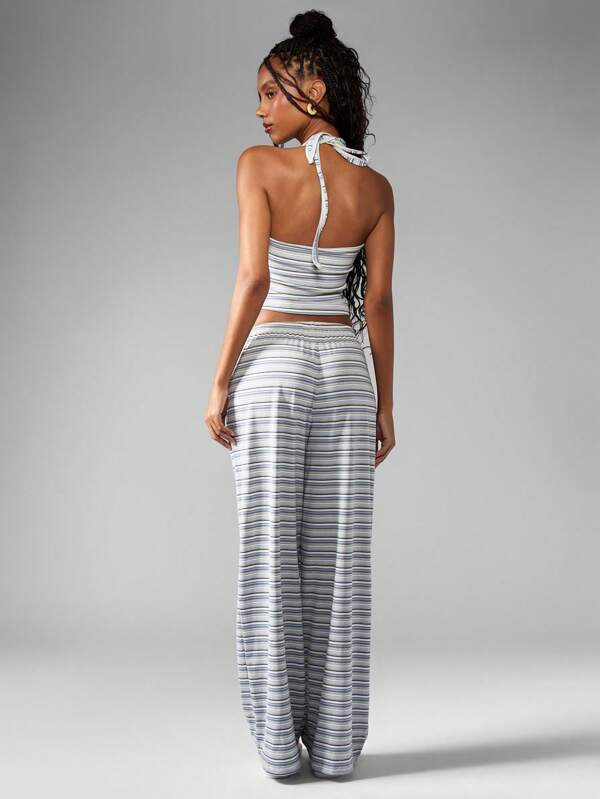 Missguided MISSGUIDED Striped Halter Crop Top Wide Leg Pants Casual Loungewear Set