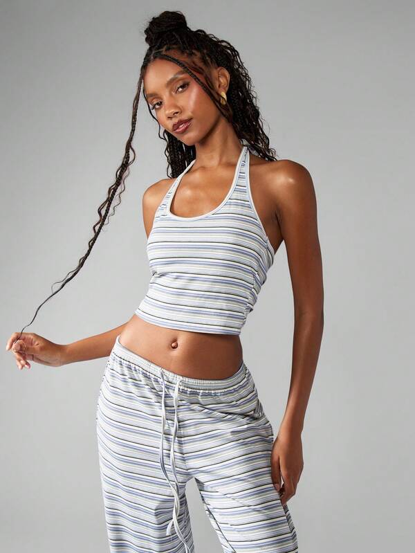 Missguided MISSGUIDED Striped Halter Crop Top Wide Leg Pants Casual Loungewear Set