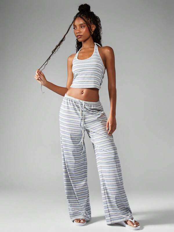 missguided MISSGUIDED Striped Halter Crop Top Wide Leg Pants Casual Loungewear Set