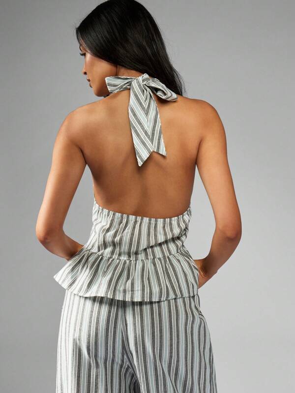 Missguided MISSGUIDED Striped Halter Crop Top With Ruffle Detail Lightweight Tank Top