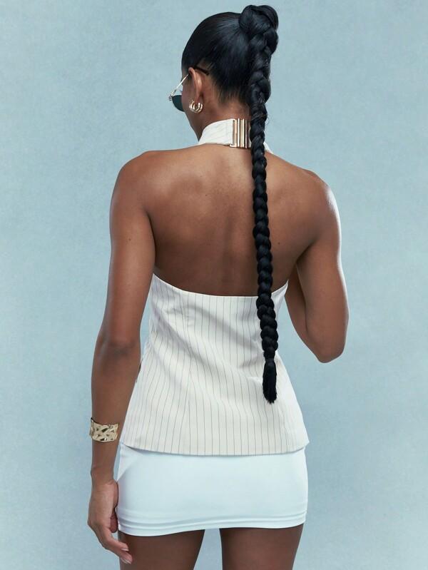Missguided MISSGUIDED Striped Halter Neck Backless Tank Top Jacket With Pocket Detail