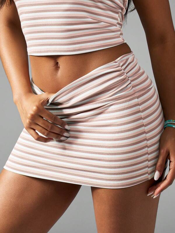 Missguided MISSGUIDED Striped Halter Neck Crop Top Mini Skirt Two Piece Set