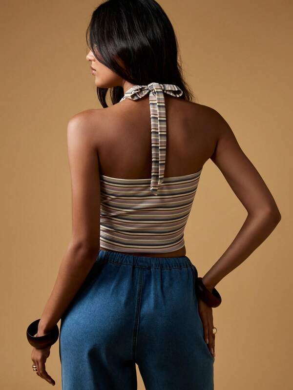 Missguided MISSGUIDED Striped Halter Neck Crop Top With Tie Back