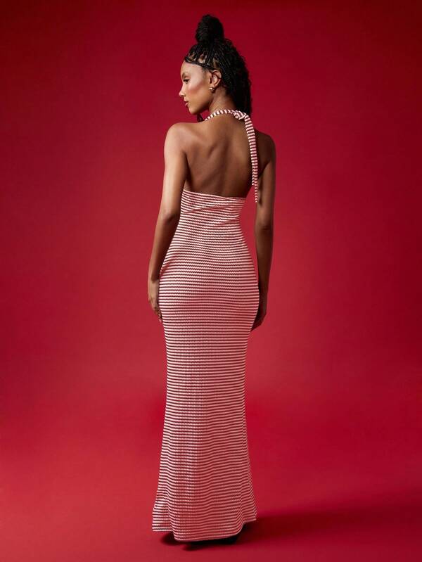 Missguided MISSGUIDED Striped Halter Neck Maxi Bodycon Dress