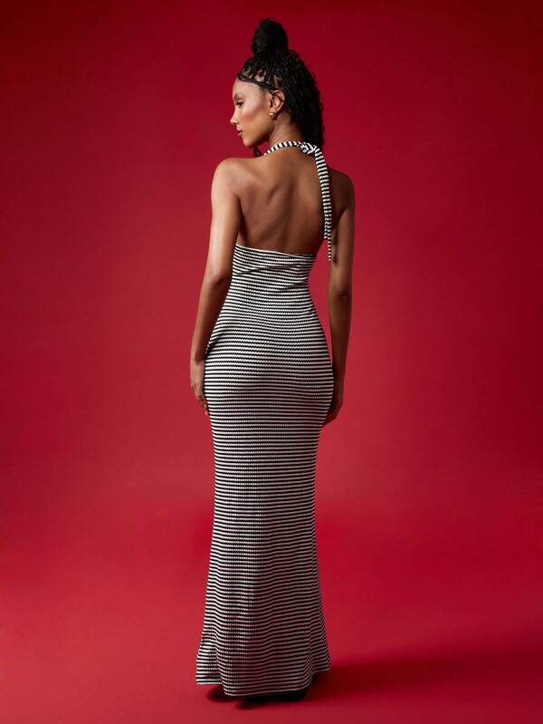 Missguided MISSGUIDED Striped Halter Neck Sleeveless Body Conscious Floor Length Maxi Dress