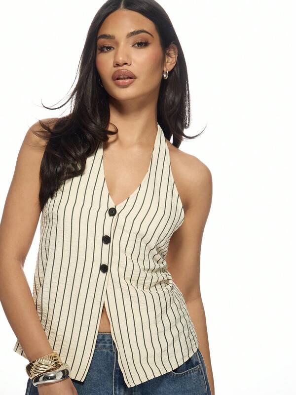 Missguided MISSGUIDED Striped Halter Vest Button Front Backless Tank Top