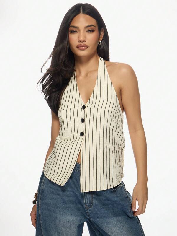 missguided MISSGUIDED Striped Halter Vest Button Front Backless Tank Top