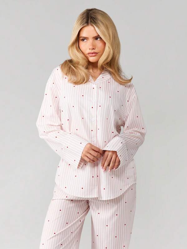 Missguided MISSGUIDED Striped Heart Print Pajama Set With Button Top