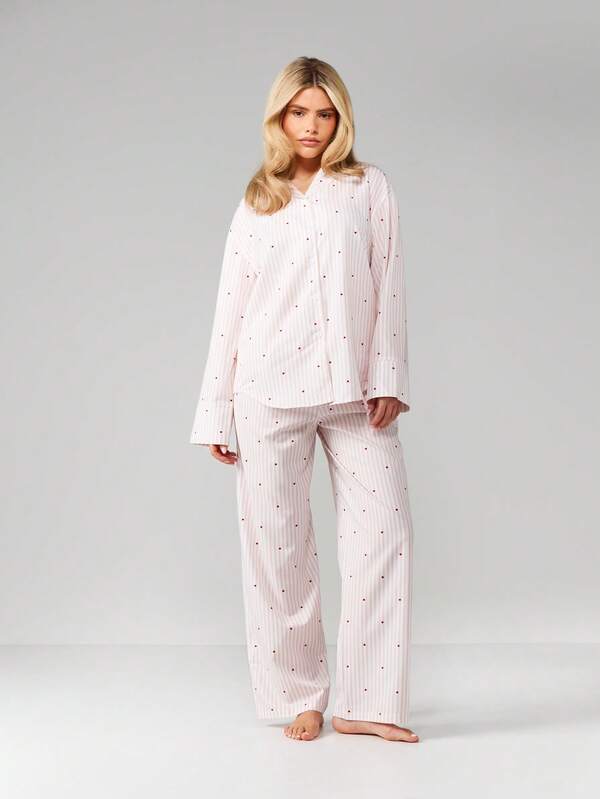 missguided MISSGUIDED Striped Heart Print Pajama Set With Button Top