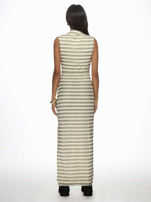 Missguided MISSGUIDED Striped High Neck Sleeveless Ribbed Long Dress