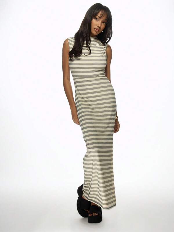 missguided MISSGUIDED Striped High Neck Sleeveless Ribbed Long Dress