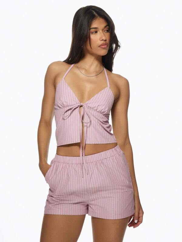 missguided MISSGUIDED Striped High Waist Short Set With Halter Crop Top