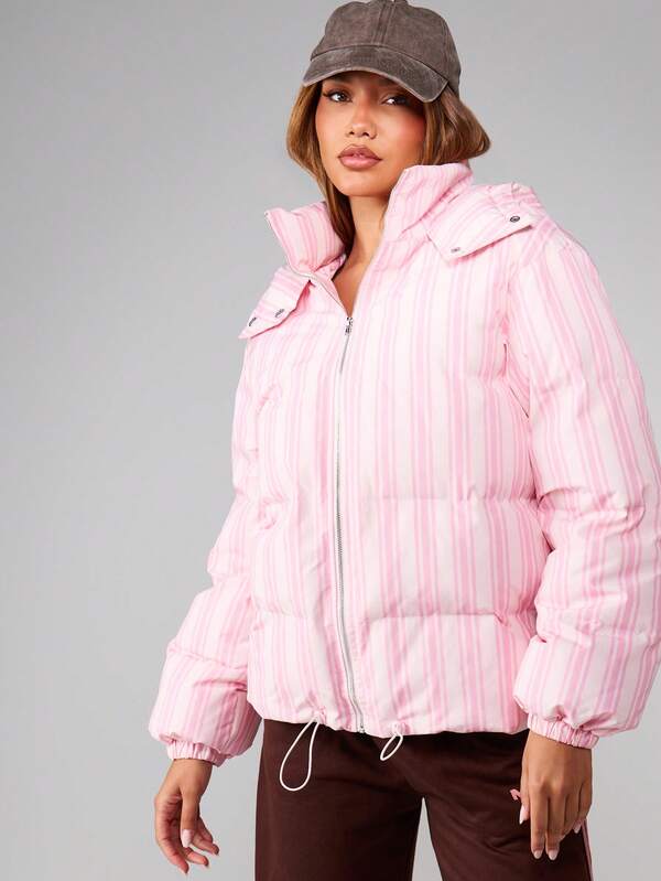Missguided MISSGUIDED Striped Hooded Puffer Jacket With Quilted Design