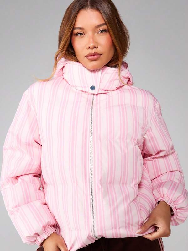 missguided MISSGUIDED Striped Hooded Puffer Jacket With Quilted Design
