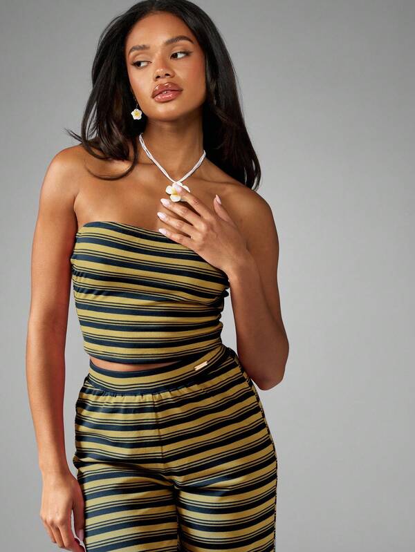 Missguided MISSGUIDED Striped Jersey Bandeau Top With Wide Leg Pants