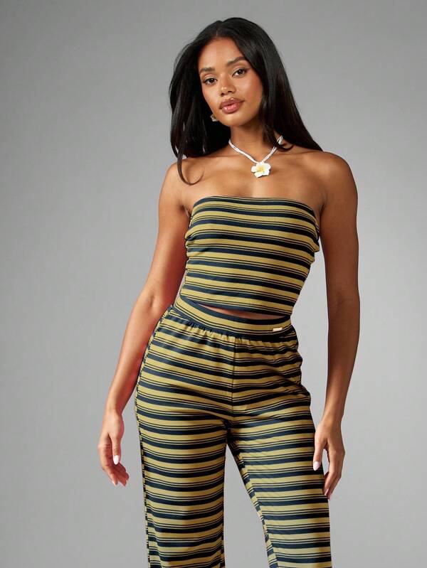 Missguided MISSGUIDED Striped Jersey Bandeau Top With Wide Leg Pants