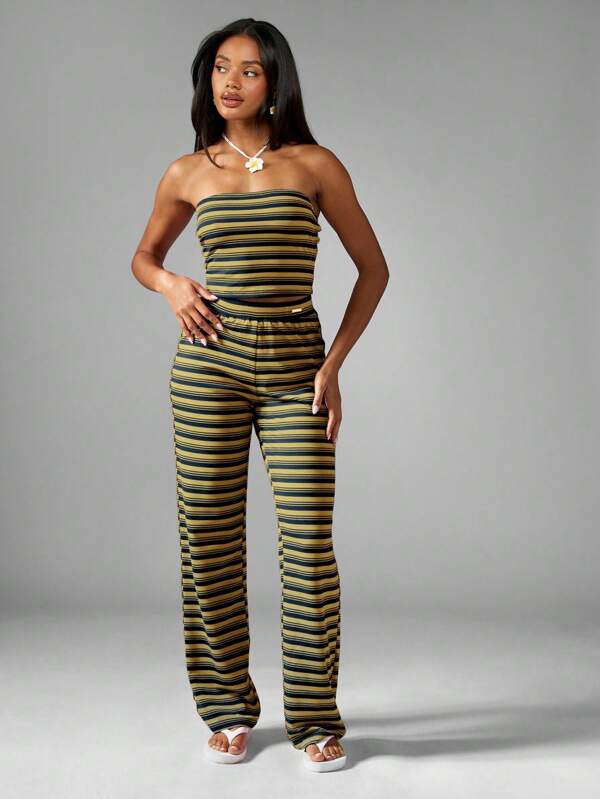 missguided MISSGUIDED Striped Jersey Bandeau Top With Wide Leg Pants