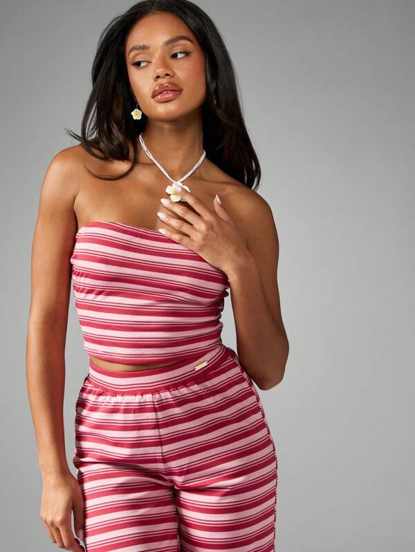 Missguided MISSGUIDED Striped Jersey Bandeau Wide Leg Pants Set