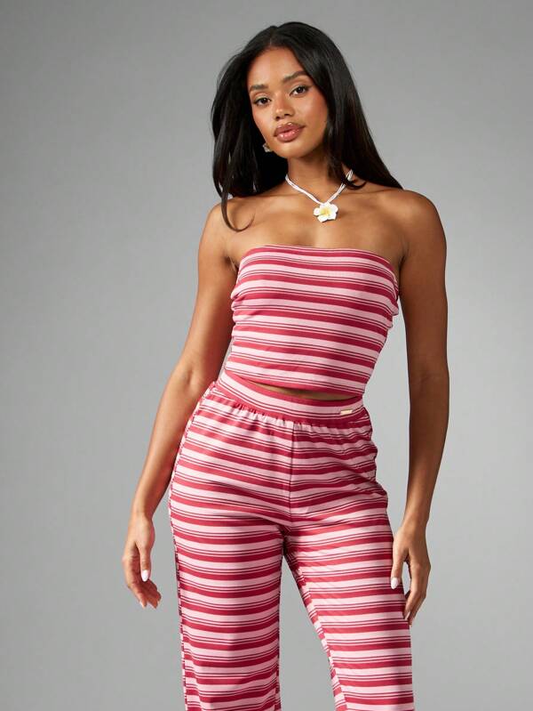 Missguided MISSGUIDED Striped Jersey Bandeau Wide Leg Pants Set