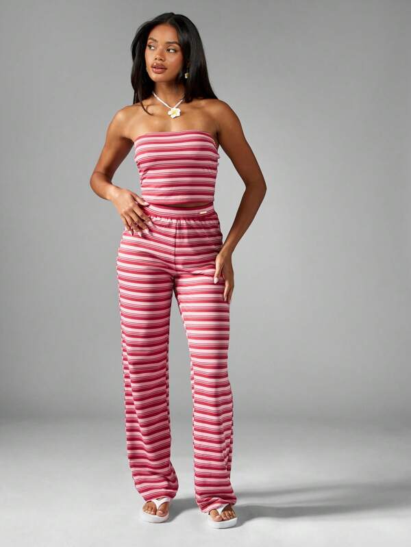 missguided MISSGUIDED Striped Jersey Bandeau Wide Leg Pants Set