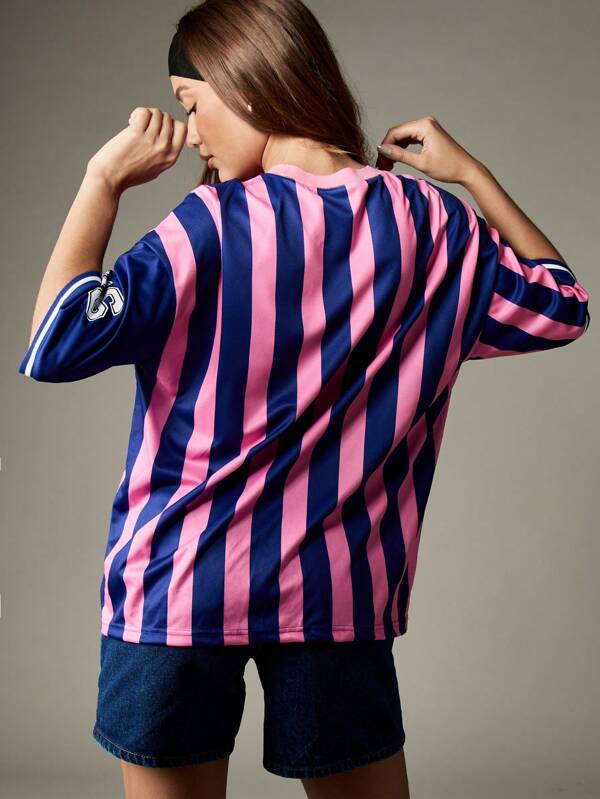 Missguided MISSGUIDED Striped Jersey T-Shirt With Motor Sports Graphics