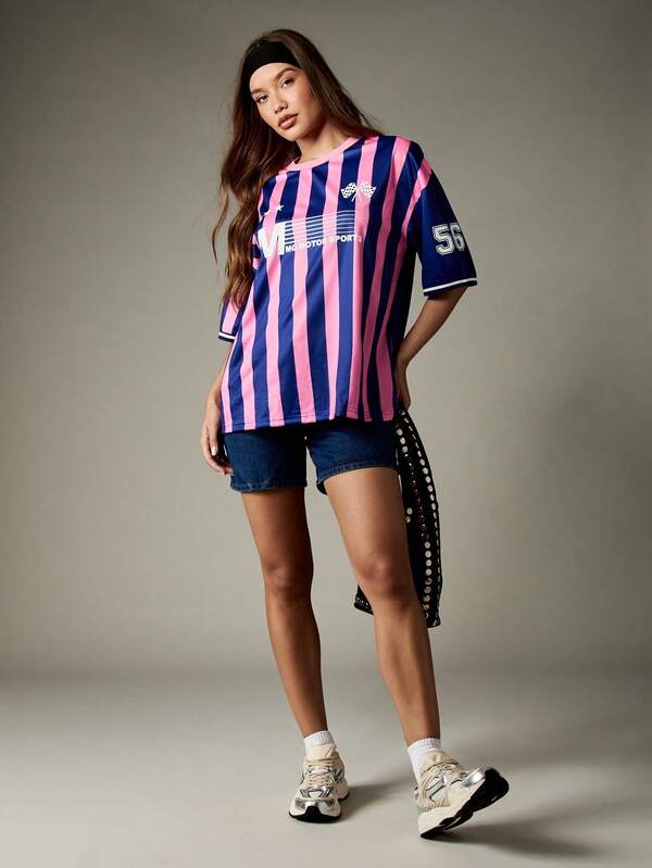 Missguided MISSGUIDED Striped Jersey T-Shirt With Motor Sports Graphics