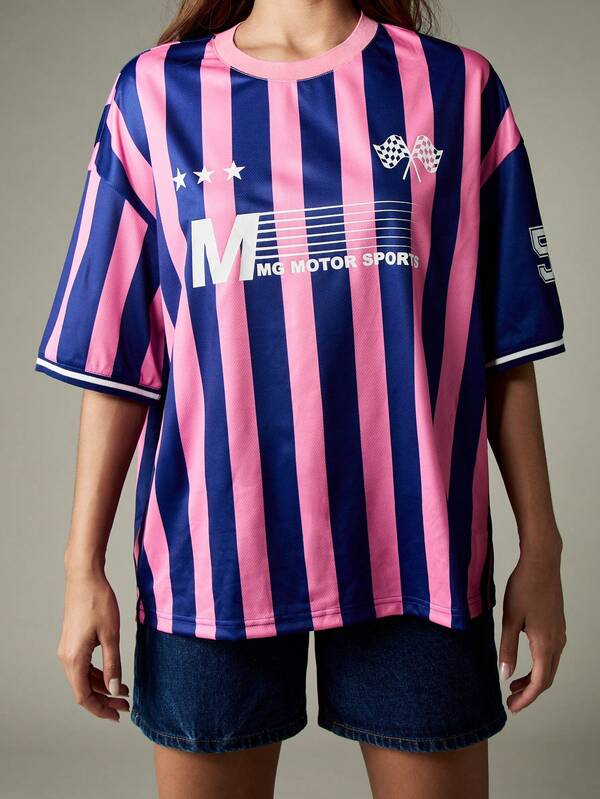Missguided MISSGUIDED Striped Jersey T-Shirt With Motor Sports Graphics