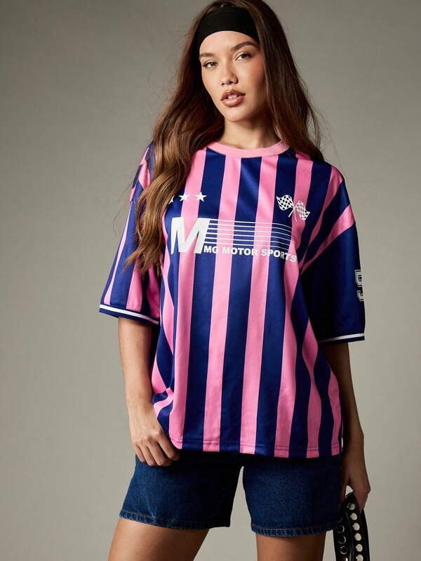 missguided MISSGUIDED Striped Jersey T-Shirt With Motor Sports Graphics
