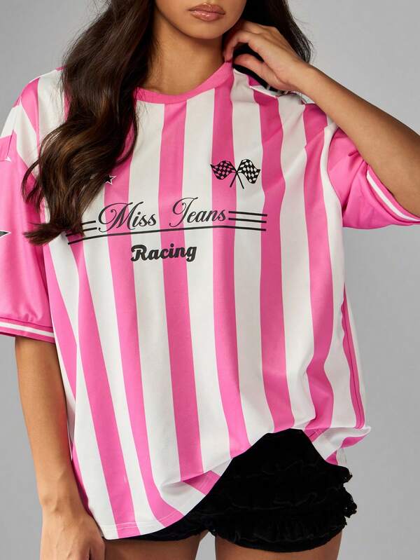 Missguided MISSGUIDED Striped Jersey T-Shirt With Racing Graphics And Checkered Flag Design