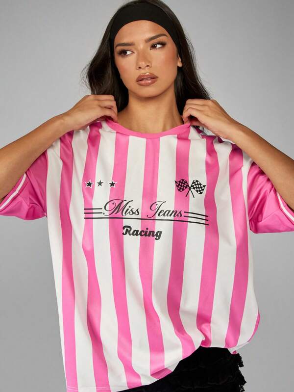 missguided MISSGUIDED Striped Jersey T-Shirt With Racing Graphics And Checkered Flag Design