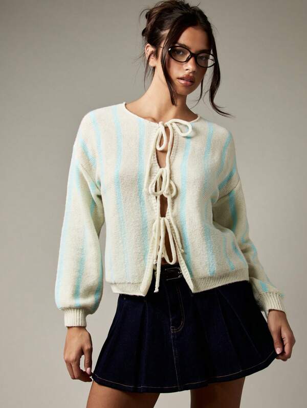 missguided MISSGUIDED Striped Knit Cardigan With Front Ties And Long Sleeves