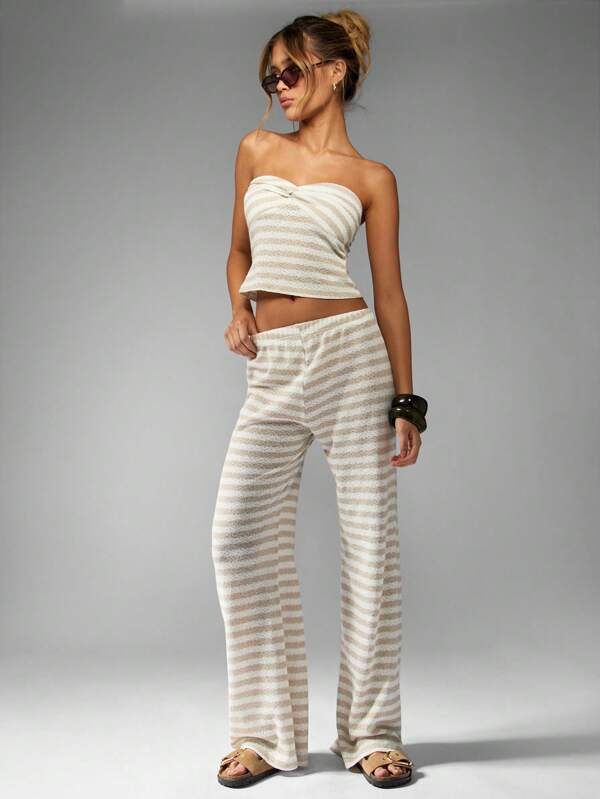 missguided MISSGUIDED Striped Knit Co-Ord Set With Bandeau Top And Wide Leg Pants
