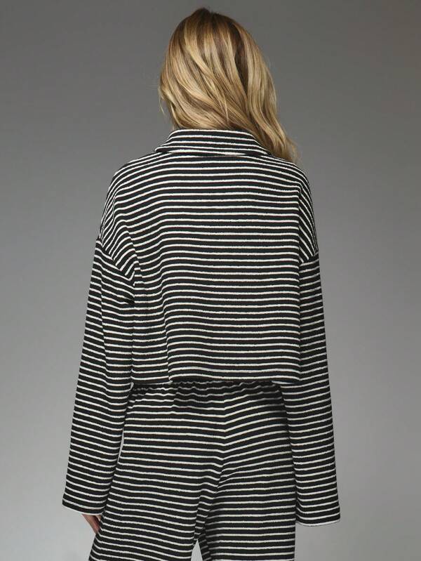 Missguided MISSGUIDED Striped Knit Collared Button Through Long Flare Sleeves Top