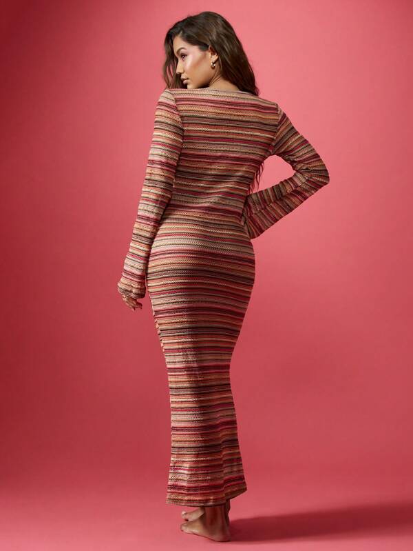 Missguided MISSGUIDED Striped Knit Long Bell Sleeve Bodycon Maxi Dress