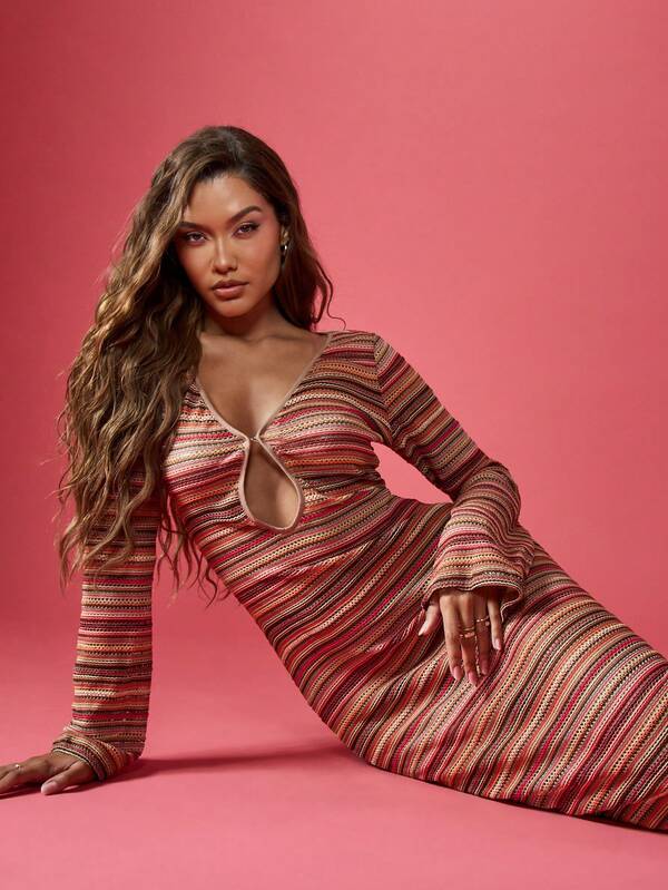 Missguided MISSGUIDED Striped Knit Long Bell Sleeve Bodycon Maxi Dress
