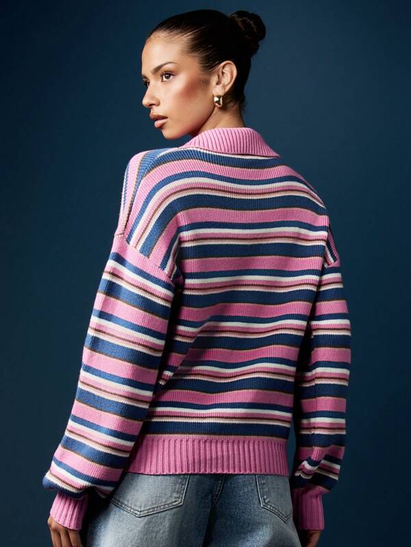 Missguided MISSGUIDED Striped Knit Polo Sweater With Ribbed Detailing