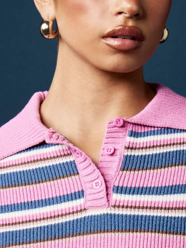 Missguided MISSGUIDED Striped Knit Polo Sweater With Ribbed Detailing