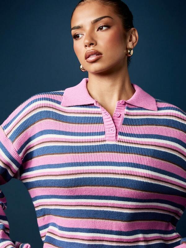 Missguided MISSGUIDED Striped Knit Polo Sweater With Ribbed Detailing